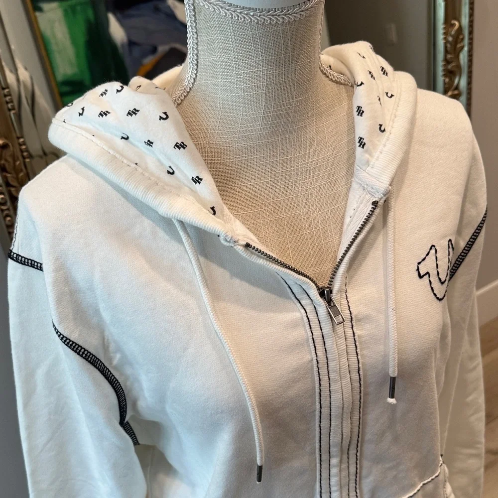 True Religion White Zip-Up Hoodie with Black Contrast Stitching